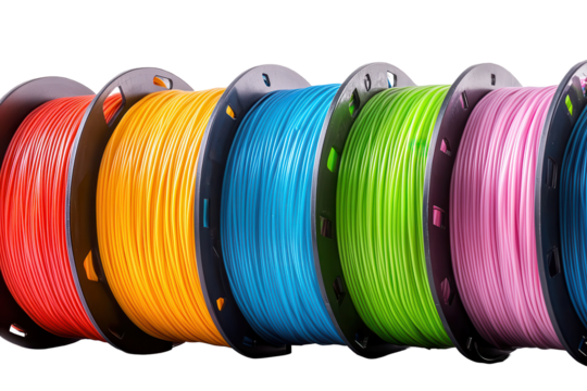 Vibrant row of spools filled with colorful filaments in a wide panorama showcasing various hues perfect for crafting and 3D printing projects