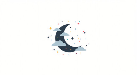 A whimsical flat vector illustration of a crescent moon with clouds and colorful stars, a cute celestial icon representing a dreamy night sky