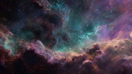 Fototapeta premium Vibrant cosmic nebula with swirling colors of purple green and gold dust illuminated by distant stars