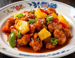 Fototapeta premium Crispy Vegetarian Sweet and Sour Chicken — Mock Meat Made from Wheat Gluten with Pineapple