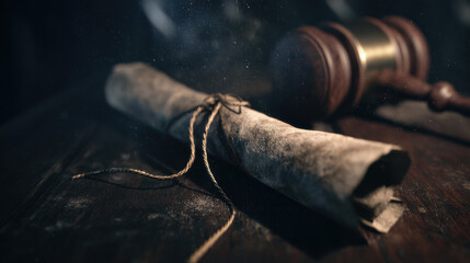 treaty scroll tied with silk ribbon lying beside antique gavel subtle dust particles cinematic composition illustration concept scene visual for commercial design use high detail quality stock image
