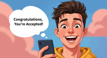 Joyful Young Man Receives Positive News on Smartphone, Celebrating Acceptance and Success with a Wide Smile