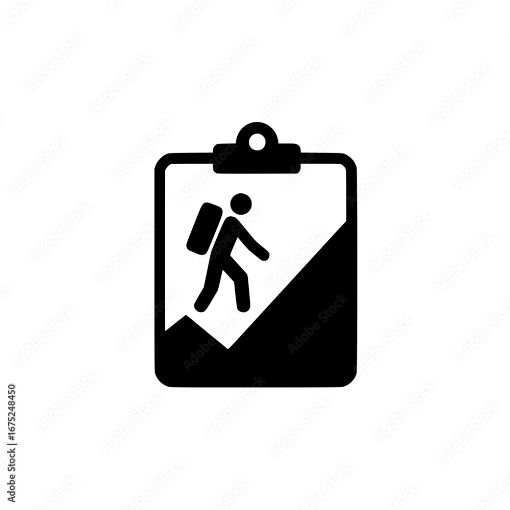 Poster clipboard with hiker icon symbolizing mountain climbing checklist and travel documentation system