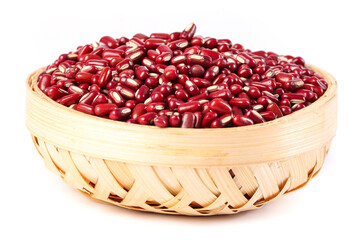 Red Adzuki Beans in Bamboo Basket on White Background - Healthy Vegetarian Protein Legume Ingredient
