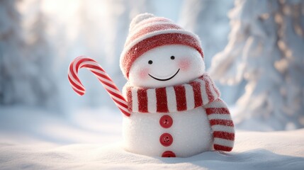 Cheerful Snowman with Candy Cane in Winter Wonderland Setting