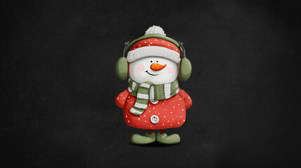 Painted Happy Christmas snowman with snow, hat, scarf, and headphones with over black snow background 