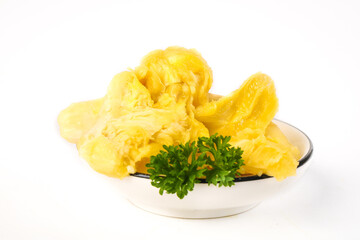 Fresh Golden Durian Fruit Flesh from Thailand on White Plate with Parsley Garnish