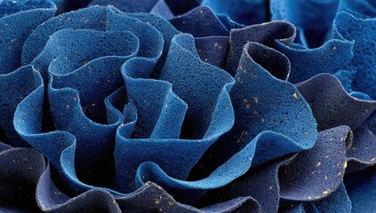 Close-up of sculpted, textured, deep blue petals