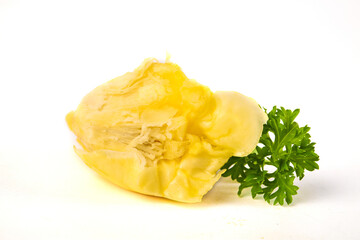 Golden Durian Fruit Flesh from Thailand with Parsley Garnish on White Background