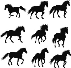 Galloping horse silhouette collection, diverse running horses in motion, powerful animal action, black and white flat vector illustration.