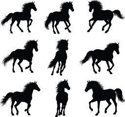 Galloping horse silhouette collection, diverse running horses in motion, powerful animal action, black and white flat vector illustration.