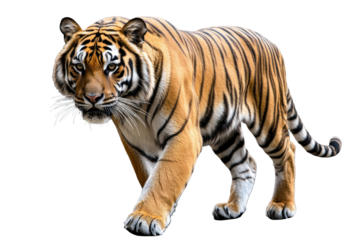 Tiger walking confidently through its environment, showcasing its striking orange and black striped fur and strong physique against a transparent background, symbolizing strength and grace