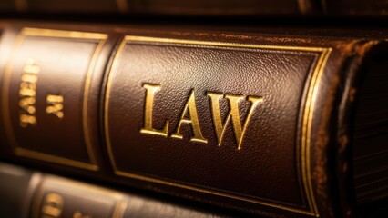 The word Law embossed in gold on the spine of a leather law book among other volumes.