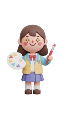 Fototapeta premium 3D Cute Cartoon Girl Artist Holding Paint Palette and Brush.