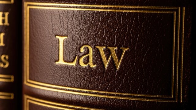 A close-up of the word Law in gold embossed letters on the spine of a dark brown leather-bound book.