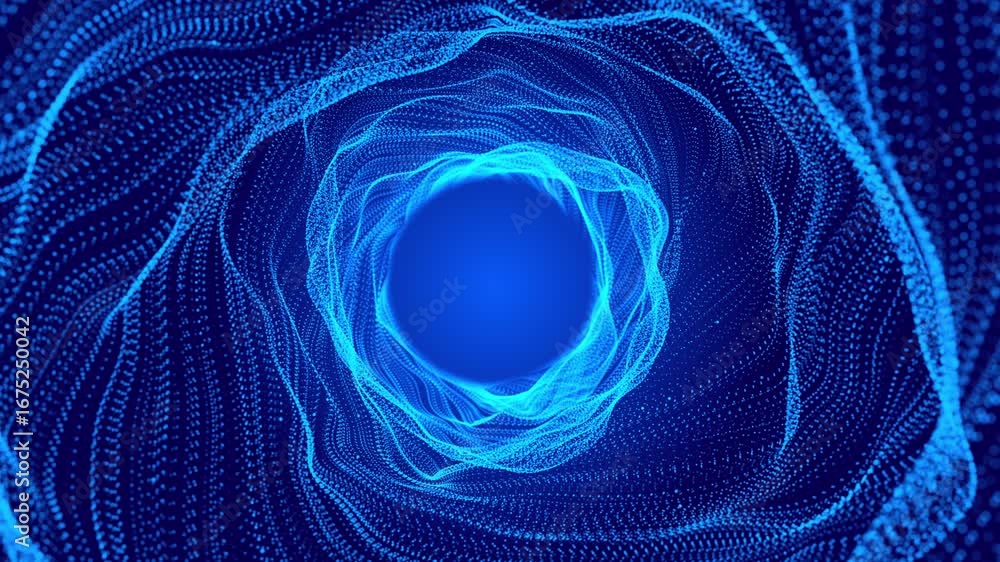 Poster abstract digital tunnel flowing spiral waves of glowing dots, forming dynamic vortex effect. futuris