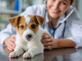 A trusting puppy is being examined by a kind veterinarian