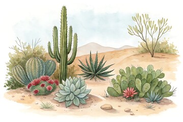 Watercolor illustration of a desert landscape with various cacti succulents and arid plants under a pale sky