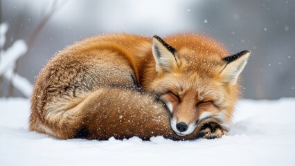A sleeping red fox curled up in the snow, with light snowflakes falling around it.