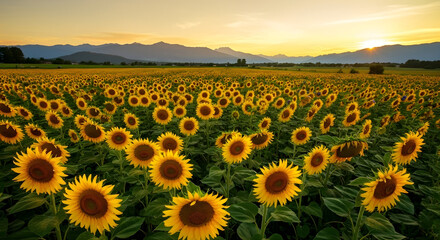 Golden hour over a field of sunflowers, with the warm sunset colors casting a glow The sunflowers are in full bloom facing the sun set against mountains and a clear sky