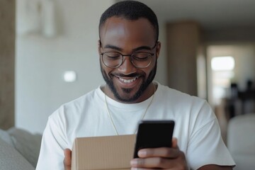 Happy man unboxing a parcel and using a smartphone in the living room, enjoying the excitement of receiving a package and staying connected with friends or family, Generative AI