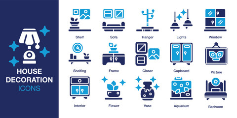 House Decoration icon set. Containing house, interior, decoration, furniture, and more. Solid vector icons collection. Vector illustration.