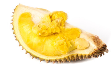 Fresh Golden Durian Fruit with Creamy Yellow Pulp in Spiky Shell Isolated on White Background