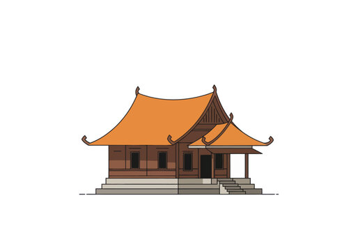 Flat clean vector illustration of Rumah Adat Joglo, the traditional house of Central Java, Indonesia. Simple, modern, and colorful flat style, suitable for infographics, posters, educational materials