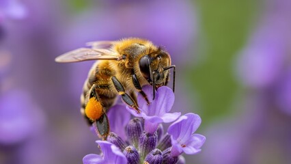 A close-up of a honey bee on a purple lavender flower, with a visible sack of yellow pollen on its leg.