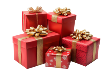 Vibrant stack of red Christmas gift boxes adorned with golden ribbons and bows, perfect representation of holiday cheer and festive surprises in a joyful setting