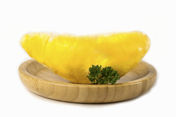 Fresh Golden Durian Fruit Flesh on Wooden Plate - Thai Tropical Exotic Food