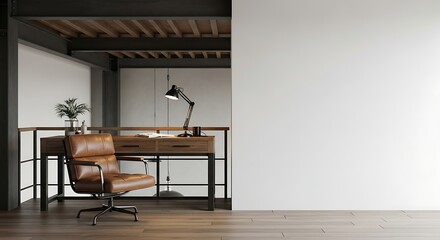 Modern Industrial Loft Home Office with Blank Wall Mockup.