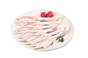 Raw Duck Feet Fresh Skinless Poultry Ingredient on White Plate with Tomatoes