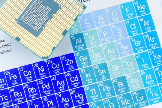 Rare earth elements and semiconductor dependency, tariff threats and trade negotiations between Washington and Beijing, China-US trade war over critical minerals : CPU chip rests atop a Periodic Table