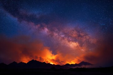 Obraz premium Majestic milky way galaxy arches over a fiery volcanic eruption on earth at night