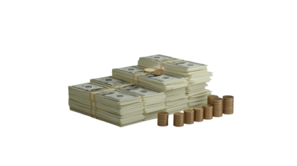 Realistic Stack of Dollar Bills and Coins Increasing Graphically Finance