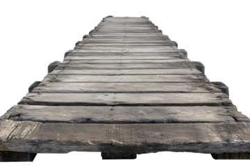 Wooden pathway reaching towards a distant shore in a serene and isolated environment during daylight