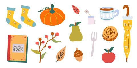 Autumn vector elements set. Cozy fall stickers. Leaves, pumpkin, book, umbrella, fruits, coffee, socks, tea. The inscription hello fall. Isolated background. Illustration in the hand drawn style.