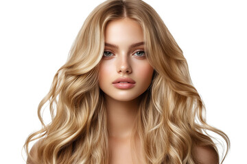 Naklejka premium Young beautiful blonde woman with wavy hair and captivating eyes posing against a clean background in a studio setting during daytime