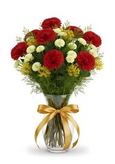 Stunning Red and White Carnation Bouquet in Elegant Glass Vase with Gold Ribbon