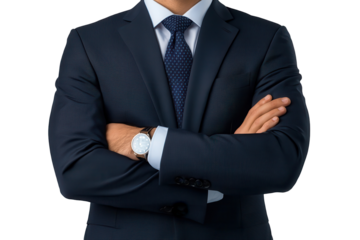 Business man portrait showcasing professionalism with arms crossed, wearing a dark suit and a watch in a clean studio environment