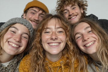 Fototapeta premium Group of smiling young people wearing cozy winter clothing, including hats and sweaters, pose closely together, exuding warmth and happiness
