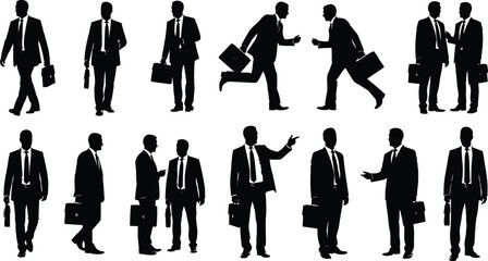 Businessmen silhouettes walking, running, talking, and interacting with briefcases, professional communication, corporate environment, teamwork, business strategy, office life, business success.