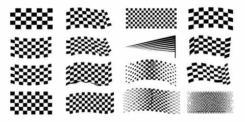 Collection of various checkered racing flags and checkered patterns on a white background