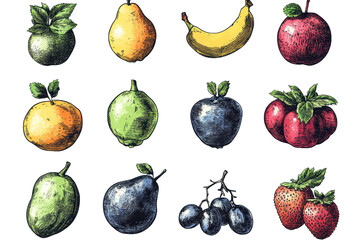 Fruit halftone grunge vector design showcasing a variety of fruits including apples, bananas, strawberries, and more in a unique artistic style