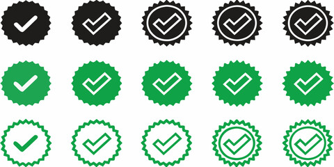 Collection of green and black checkmark badges and icons representing approval and verification
