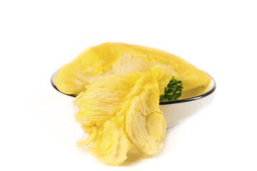 Fresh Golden Durian Fruit Flesh Segments on Black Plate - Exotic Tropical Food