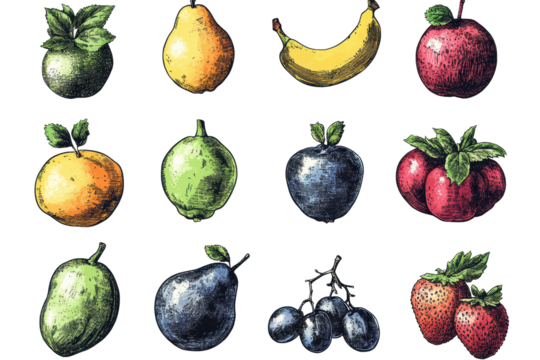 Fruit halftone grunge vector design showcasing a variety of fruits including apples, bananas, strawberries, and more in a unique artistic style