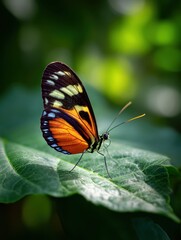 Fototapeta premium A macro shot of a colorful butterfly perched on a sizable green leaf, with the early morning sun filtering through the foliage of a tropical jungle