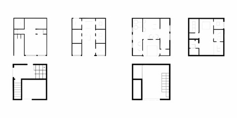Collection of minimalist architectural floor plans with simple line drawings of rooms and furniture